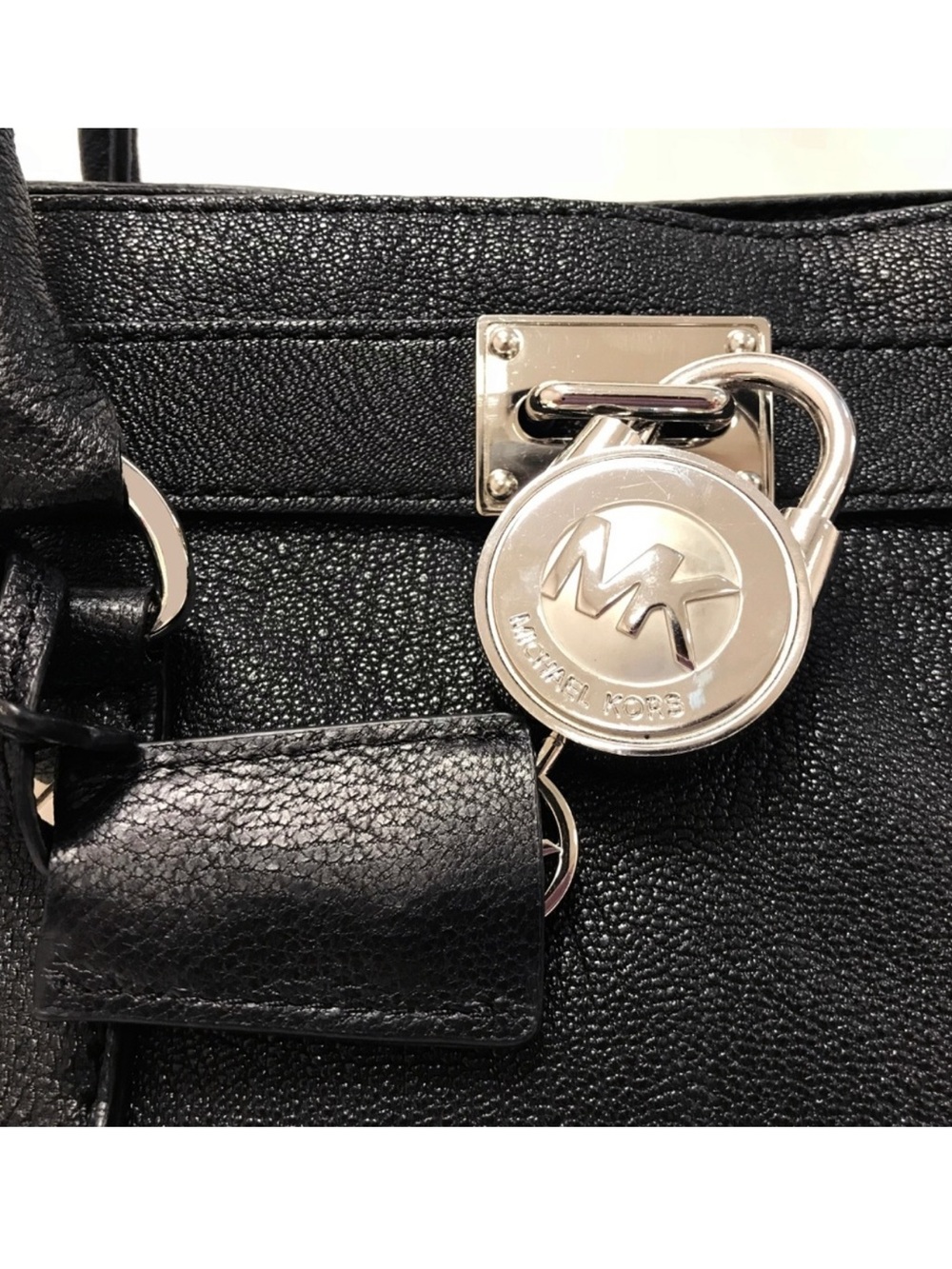 Michael Kors Black Leather Satchel with Silver MK Padlock Charm flaws inside